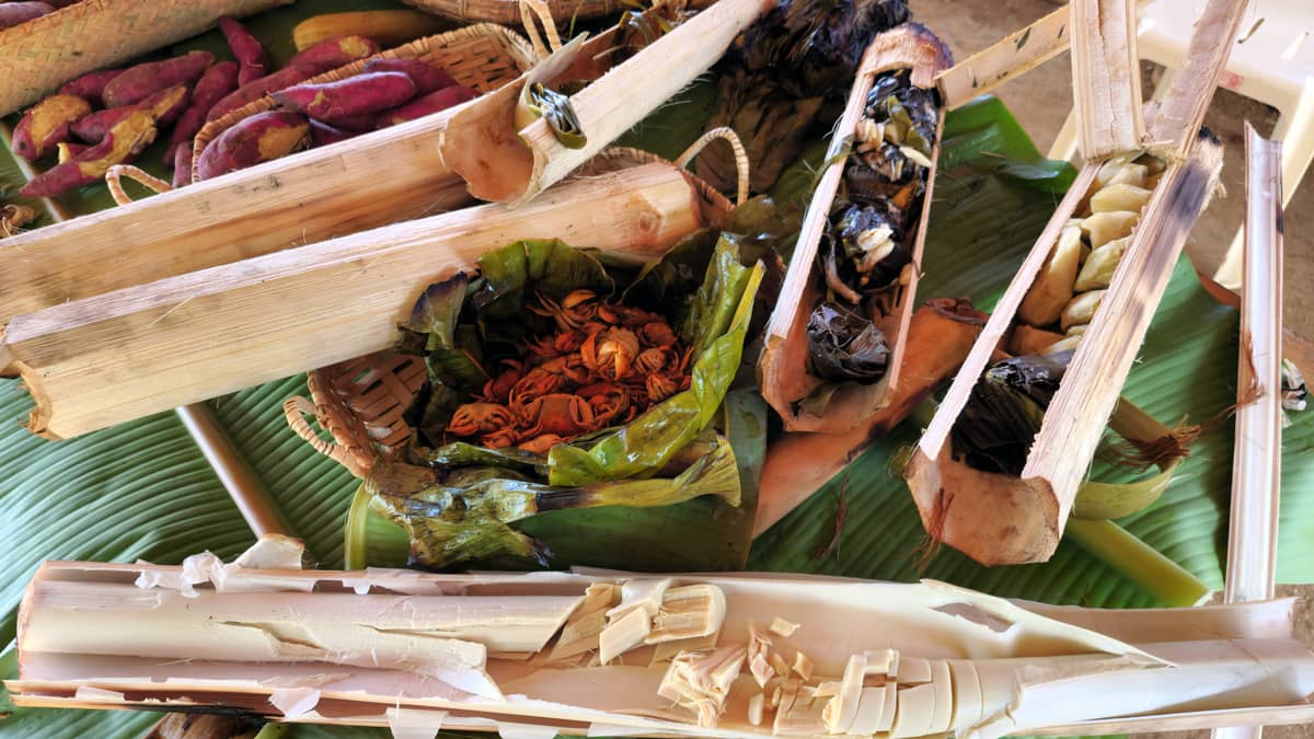 Traditional Matigsalug Manobo food cooked in bamboo tubes.